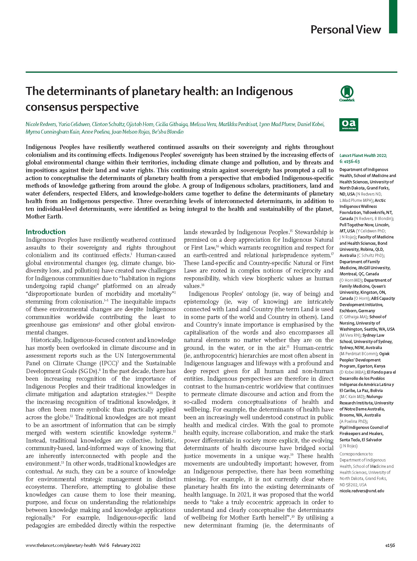 The determinants of planetary health: An Indigenous consensus perspective