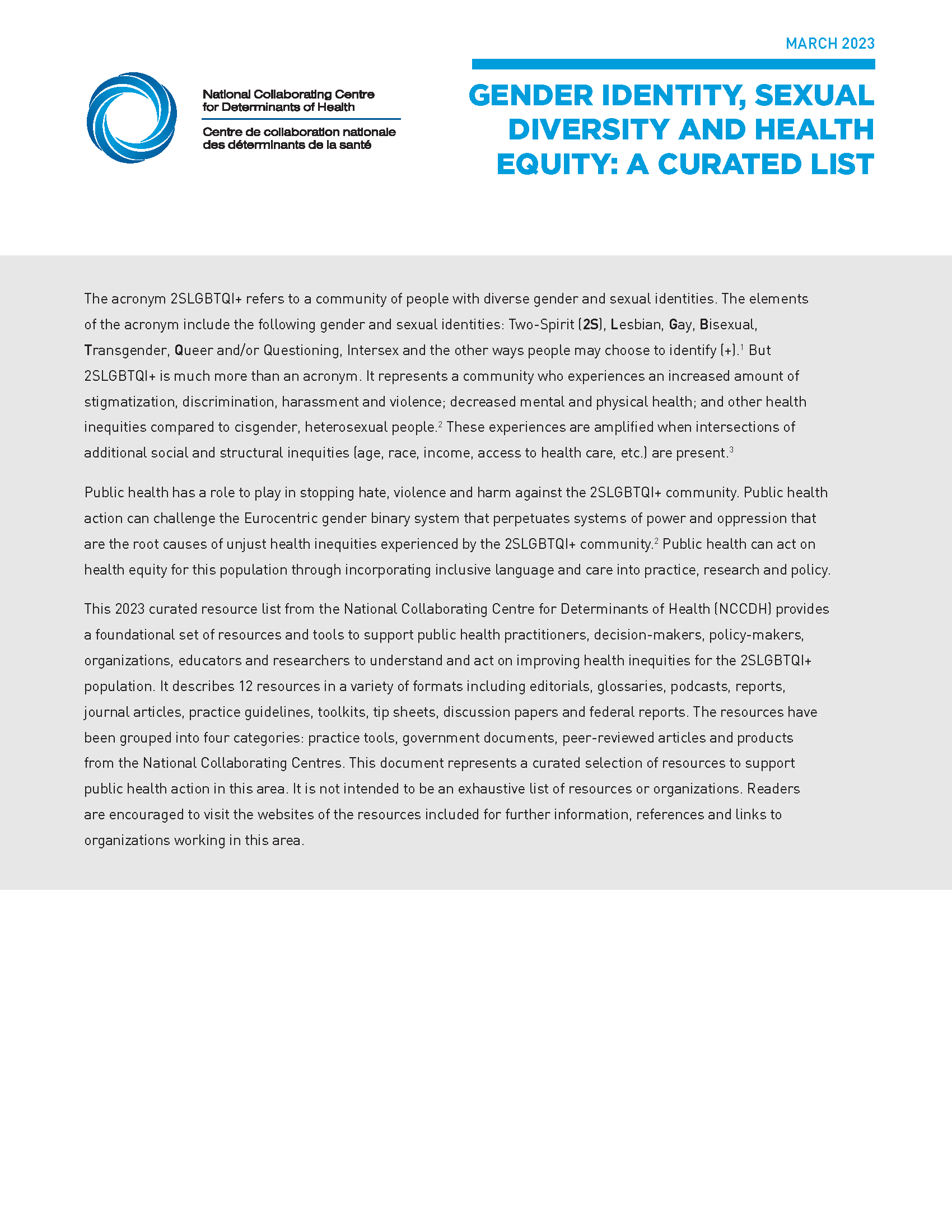 Gender identity, sexual diversity and health equity: A curated list