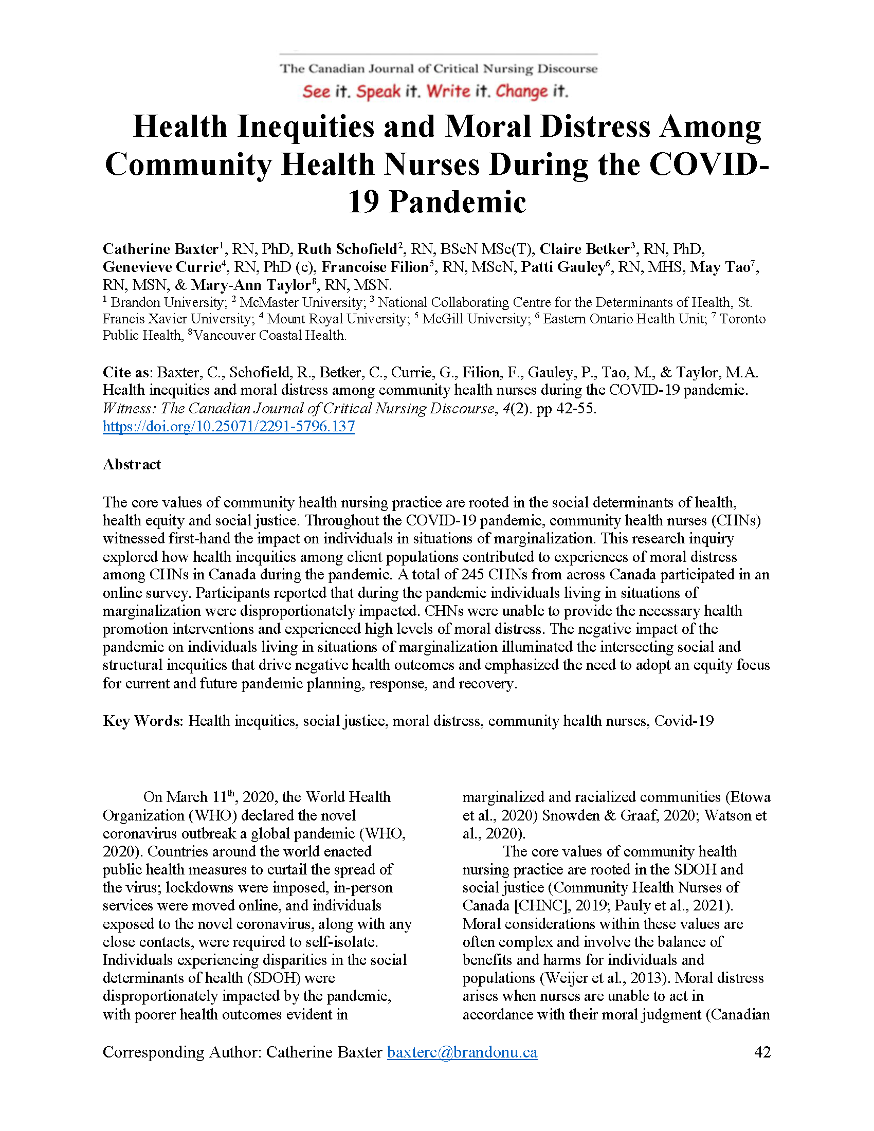 Health inequities and moral distress among community health nurses during the COVID-19 pandemic