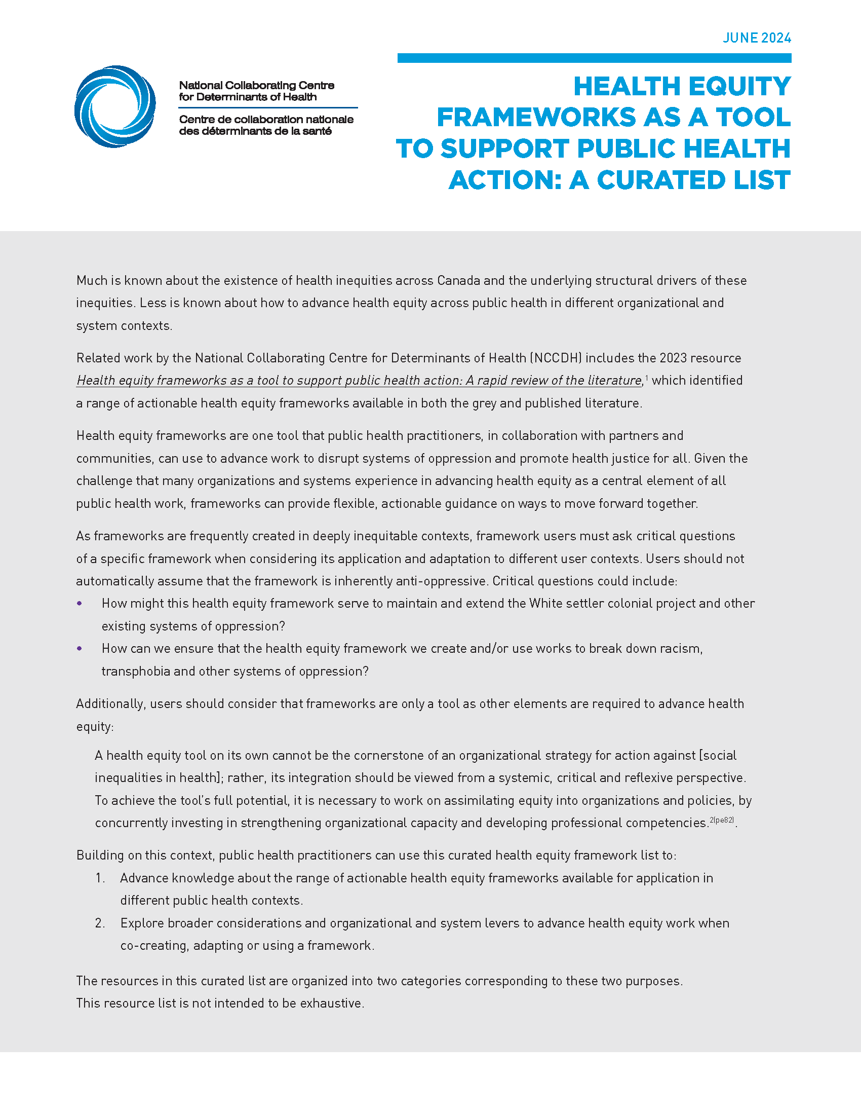Health equity frameworks as a tool to support public health action: A curated list