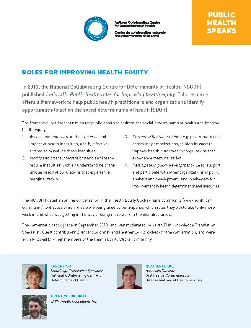 Public Health Speaks: Public Health Roles for Improving Health Equity