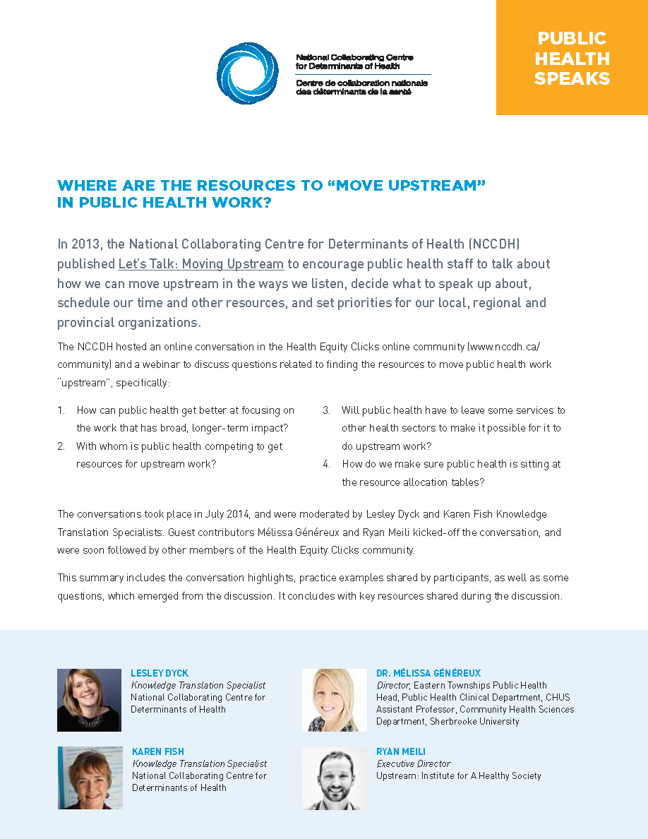 Public Health Speaks: Where are the resources to “move upstream” in Public Health work?