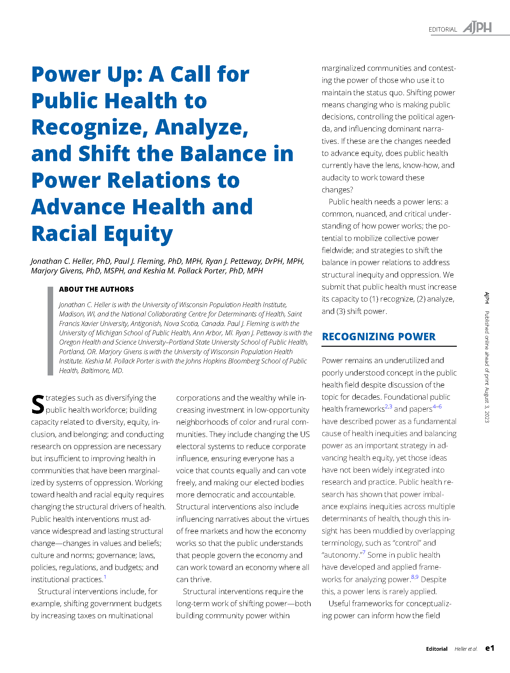 Power Up: A call for public health to recognize, analyze, and shift the balance in power relations to advance health and racial equity of health