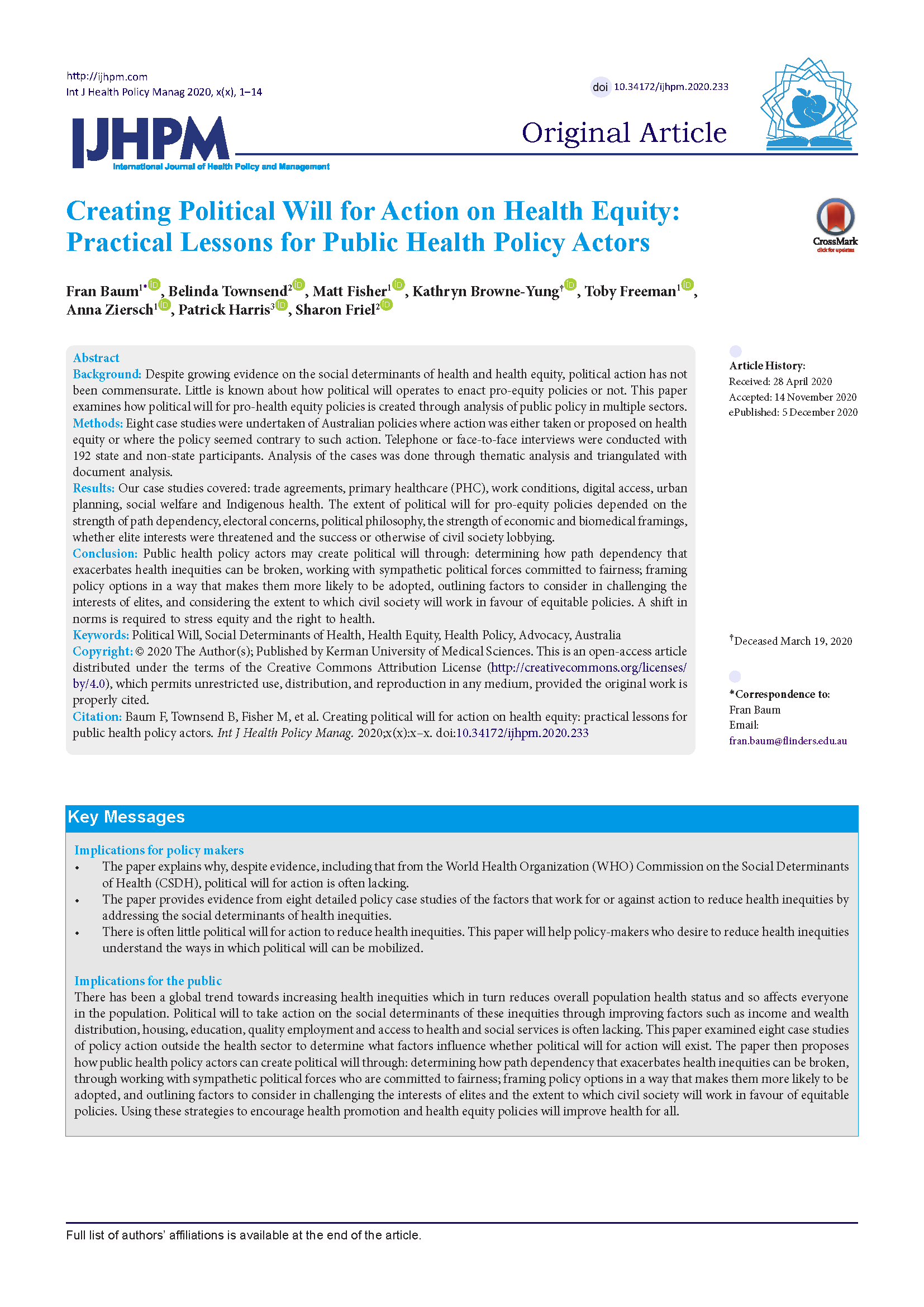 Creating Political Will for Action on Health Equity: Practical Lessons for Public Health Policy Actors