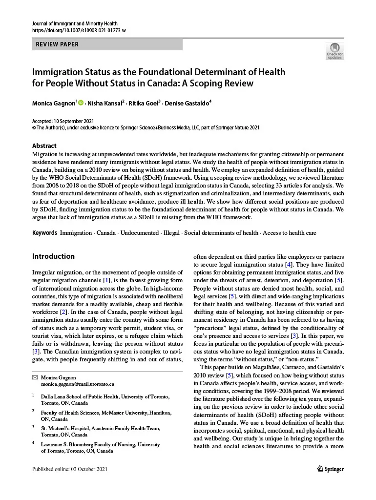 Immigration Status as the Foundational Determinant of Health for People Without Status in Canada: A Scoping Review
