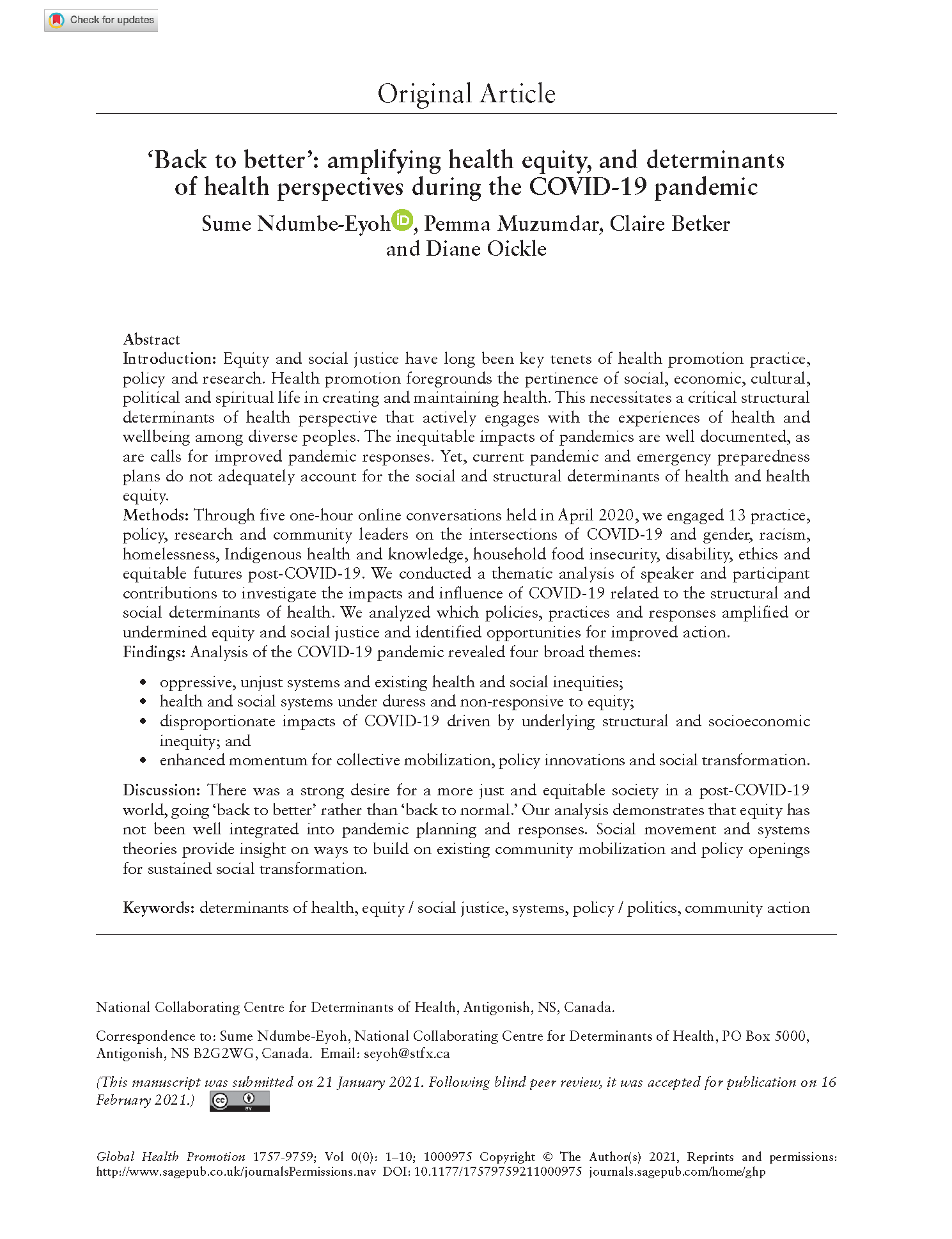 ‘Back to better’: Amplifying health equity, and determinants of health perspectives during the COVID-19 pandemic