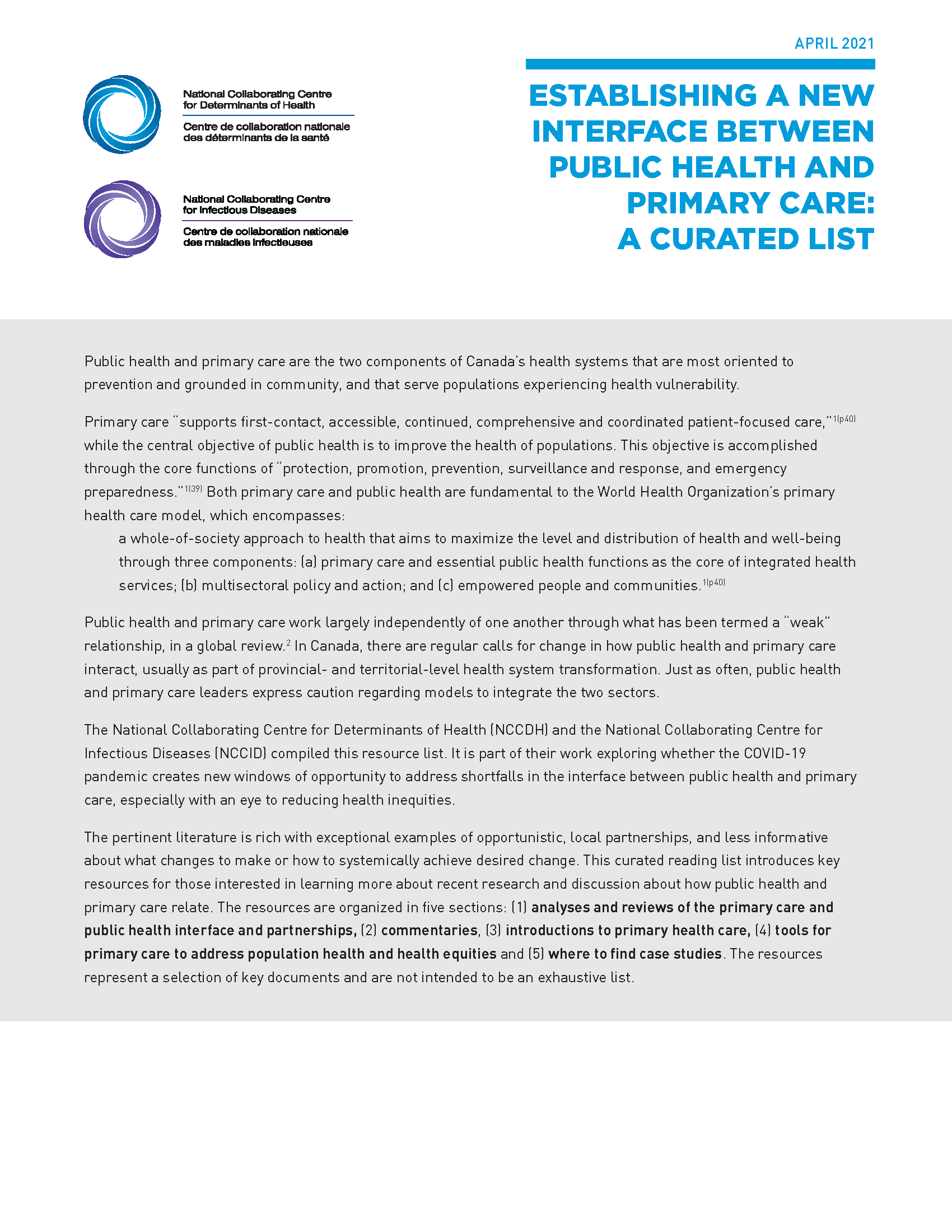 Establishing a new interface between public health and primary care: A curated list