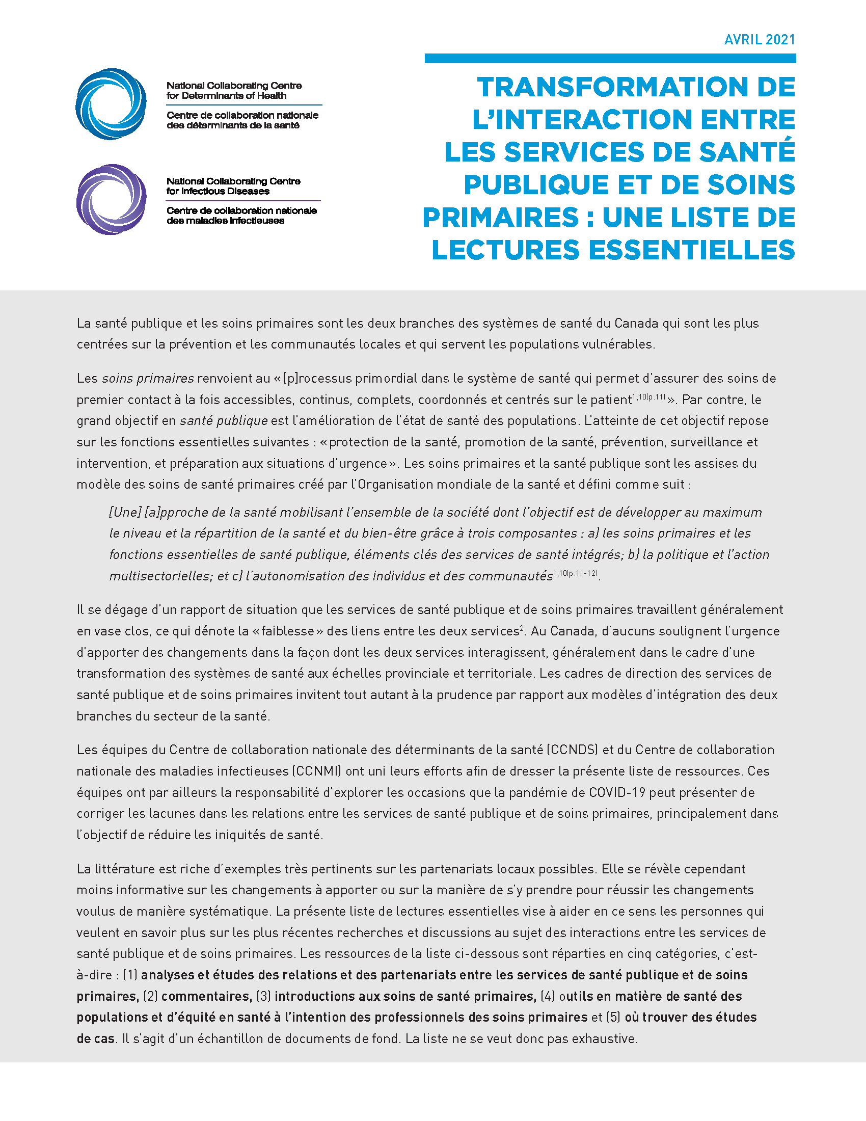 Transformation de l’interaction entre les services de santé publique et de soins primaires : Une liste de lectures essentielles