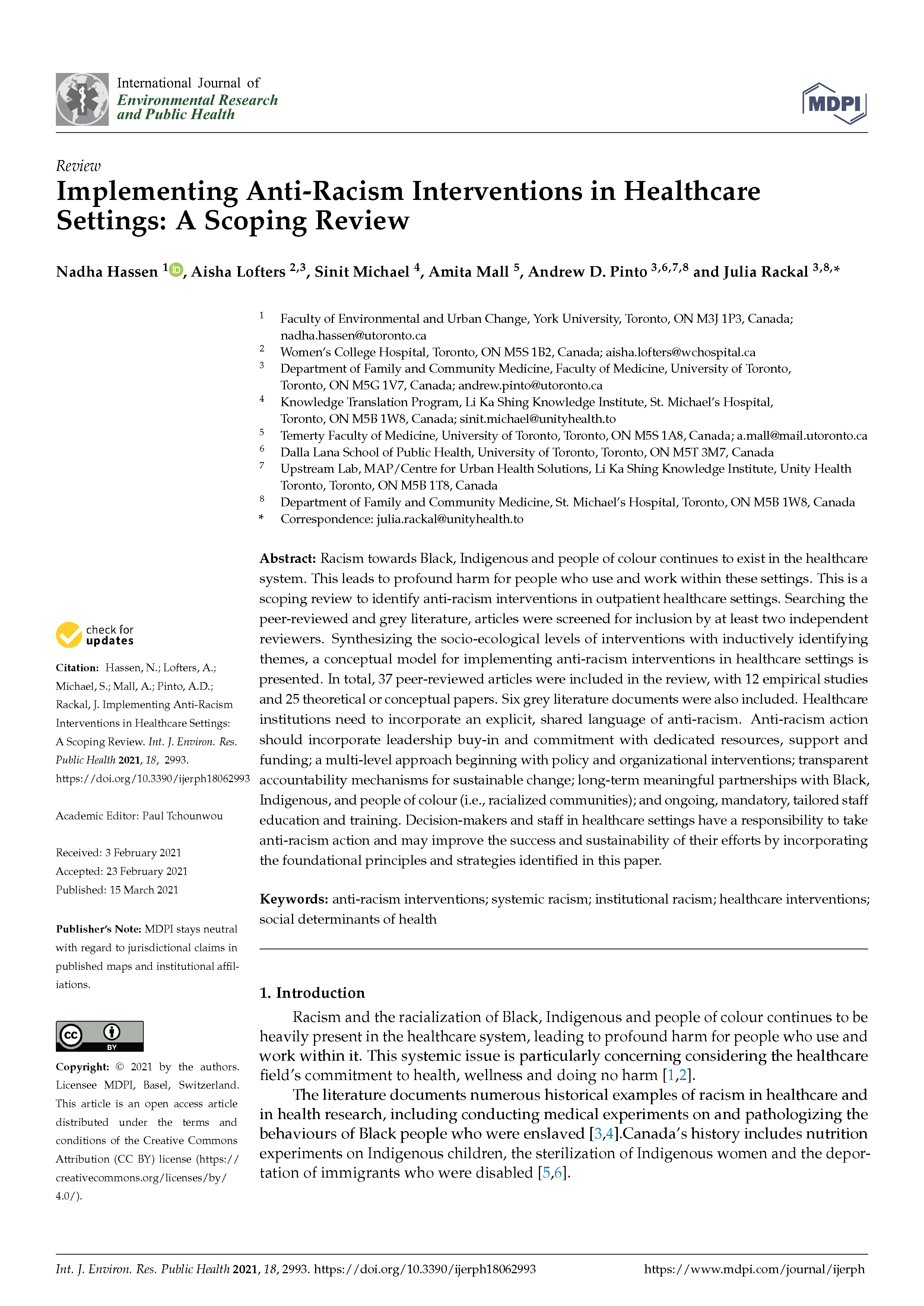 Implementing anti-racism interventions in healthcare settings: A scoping review