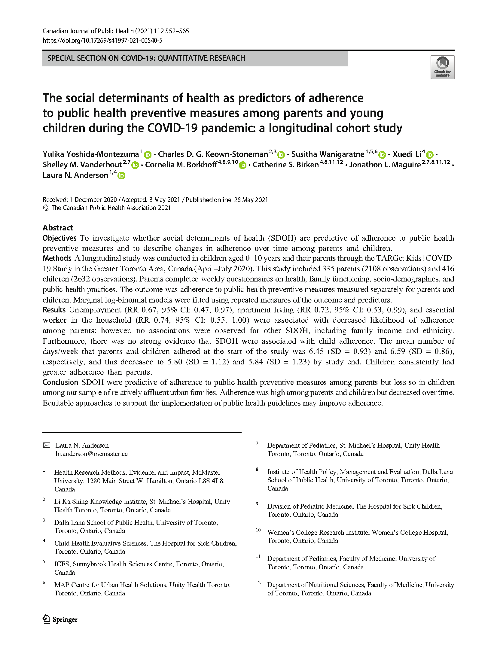 The social determinants of health as predictors of adherence to public health preventive measures among parents and young children during the COVID-19 pandemic: a longitudinal cohort study