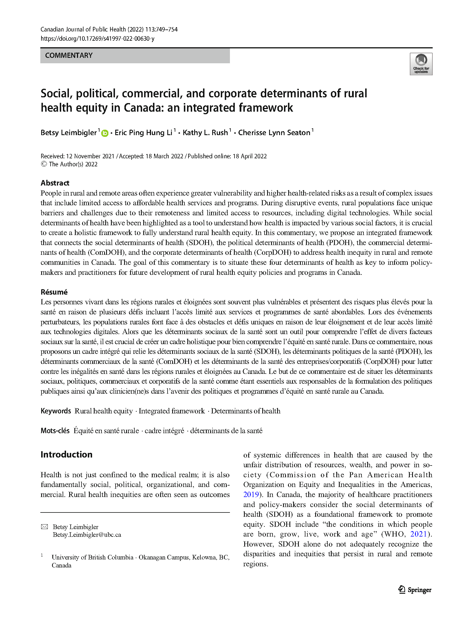 Social, political, commercial, and corporate determinants of rural health equity in Canada: an integrated framework
