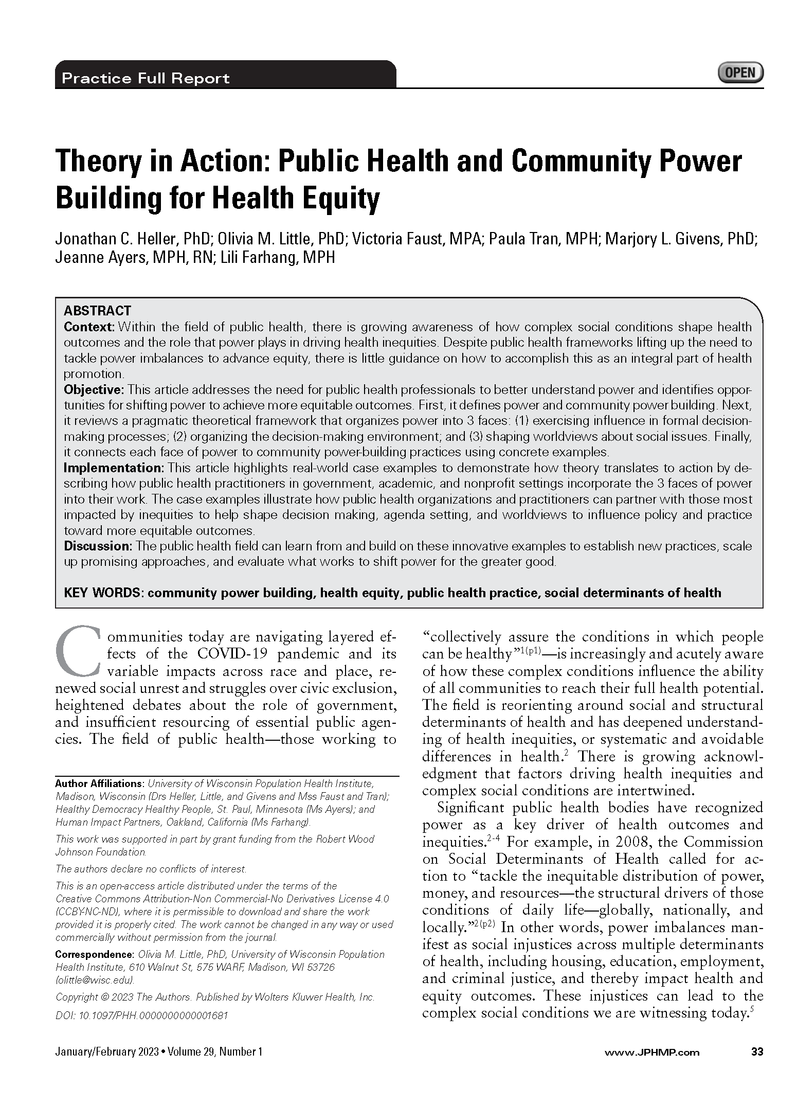 Theory in action: Public health and community power building for health equity