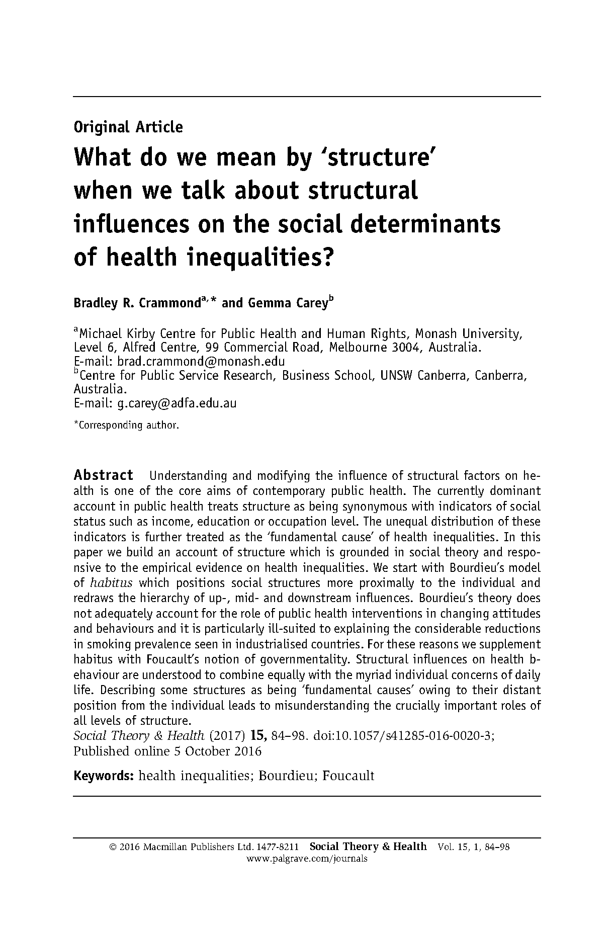 What do we mean by ‘structure’ when we talk about structural influences on the social determinants of health inequalities?