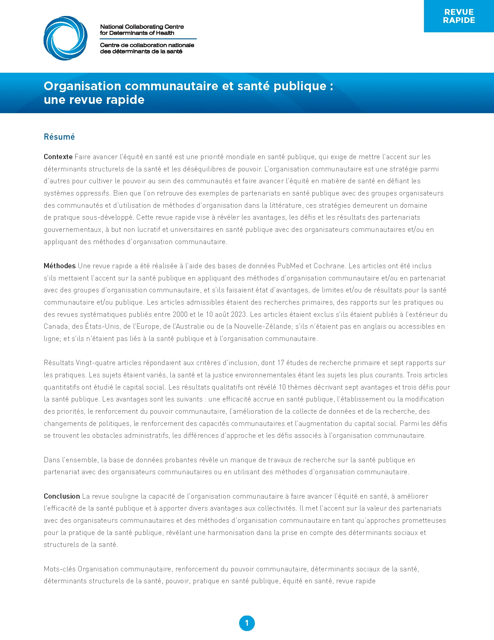 Organisation communautaire et santé publique : une revue rapide