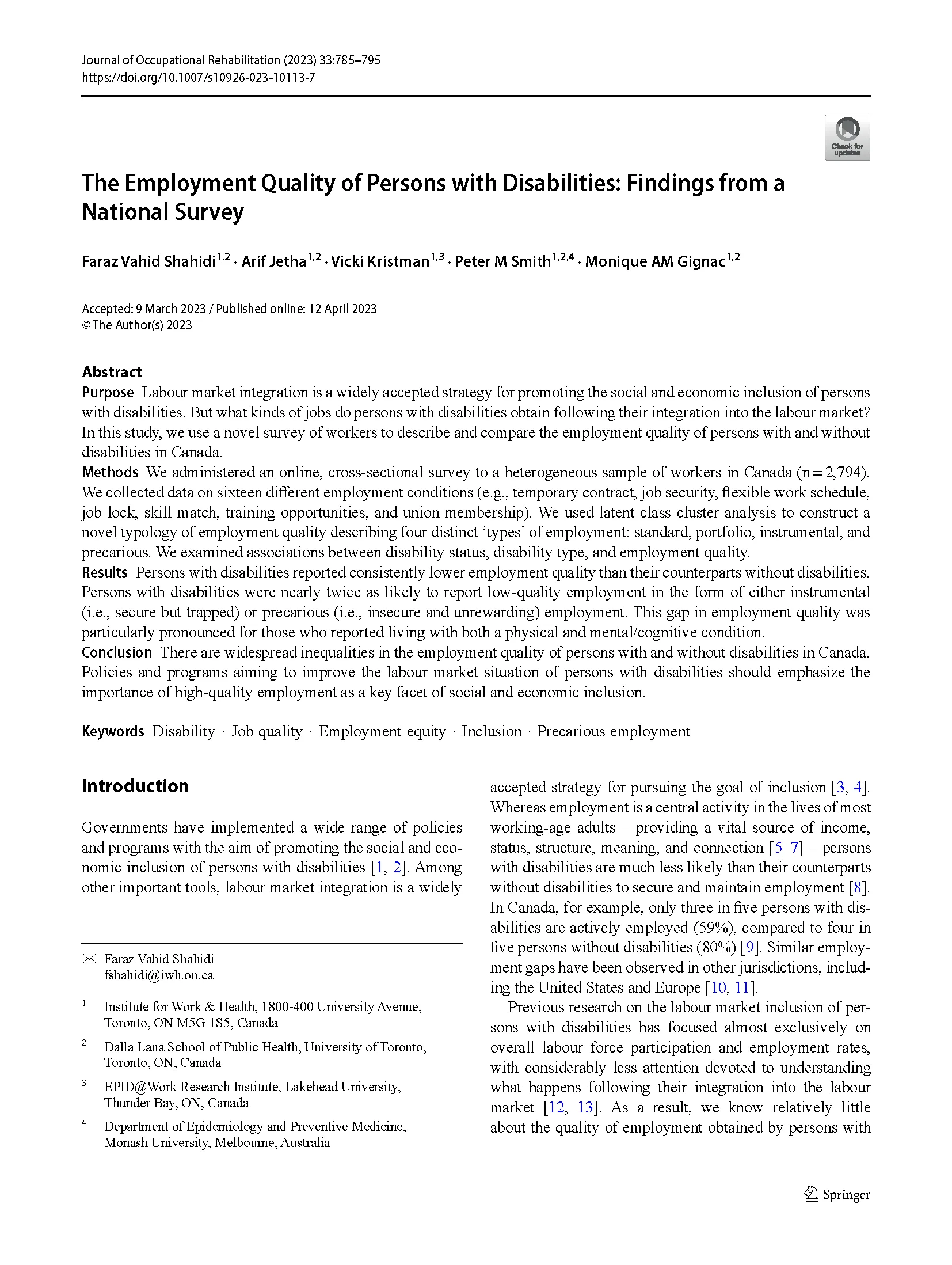 The employment quality of persons with disabilities: Findings from a national survey