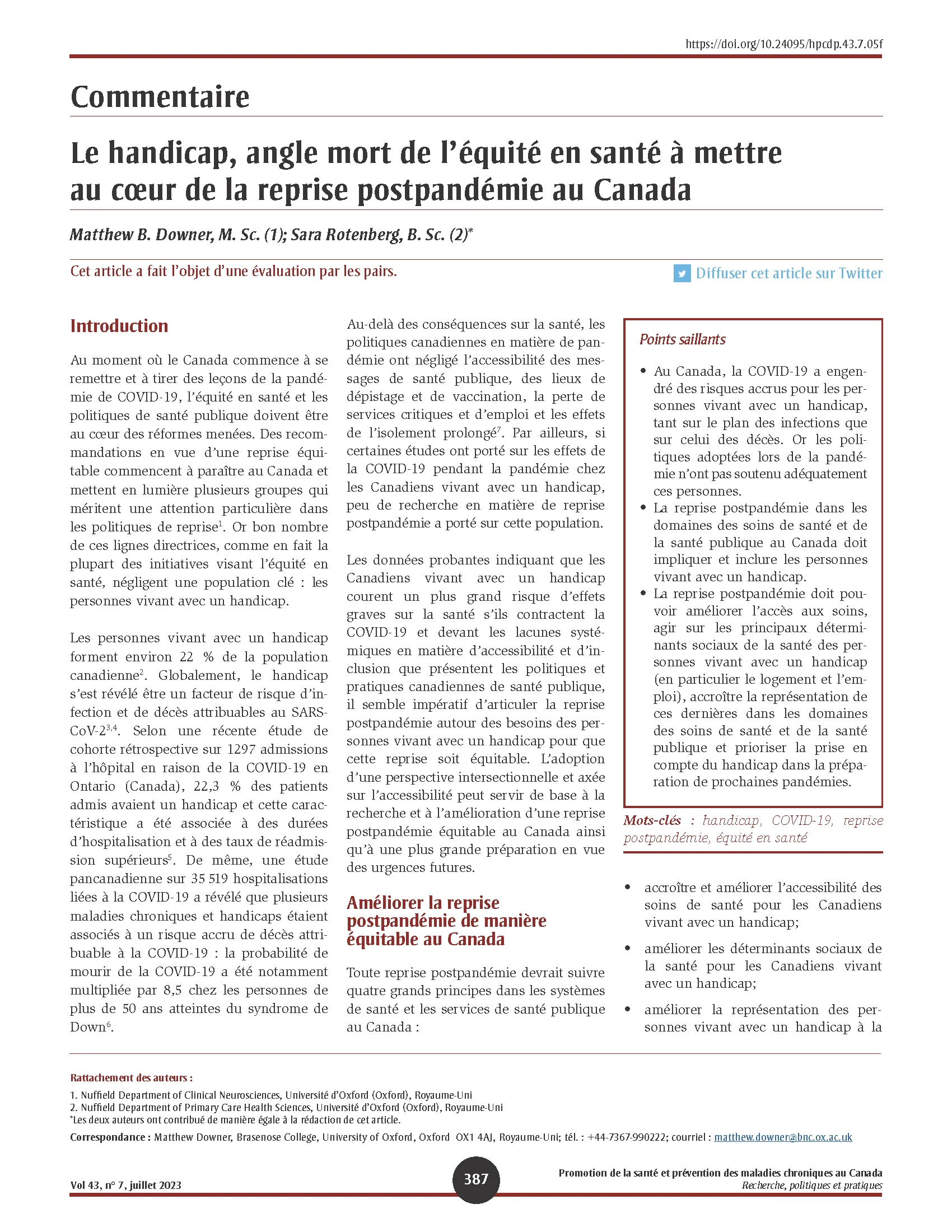 Le handicap, angle mort de l’équité en santé à mettre au cœur de la reprise postpandémie au Canada